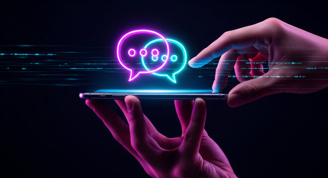 Hands holding smartphone with double neon speech bubbles for social interaction