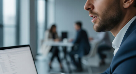 Close up of businessman speaking during interview or consultation for communication concept