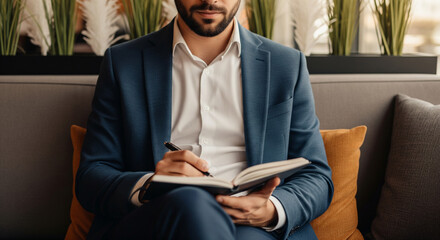 Businessman sitting on sofa writing notes in agenda for scheduling concept