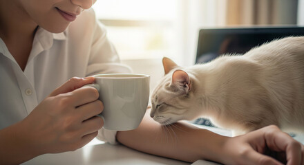 Woman taking coffee break while working from home with affectionate cat