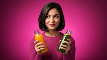 Healthy Choice: A young woman smiles as she holds up a bottle of green juice in one hand and orange juice in the other, contemplating which one to choose.