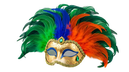 Ornate masquerade mask with vibrant green, blue, and orange feather fan isolated on transparent background