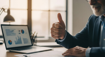 Senior businessman giving thumbs up gesture with financial charts on laptop screen