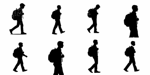 Eight Vector Silhouettes of Young Men Walking with Backpacks.