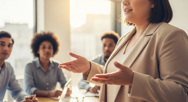 Plus size businesswoman gesturing during presentation to diverse team for inclusion - Powered by Adobe
