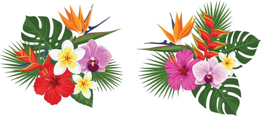 Tropical flower bouquets with hibiscus orchids and bird of paradise flowers