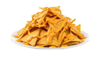 Pile of tortilla chips covered in nacho cheese sauce isolated on transparent background