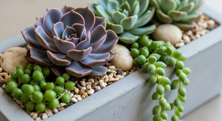 Succulent plants arrangement in concrete pot for modern interior decoration
