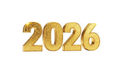 Golden 3d number 2026 sparkling isolated on transparent background