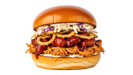 Delicious barbecue pulled pork burger with onion ring isolated on transparent background