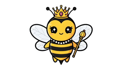 Cute cartoon queen bee with crown and scepter isolated on transparent background