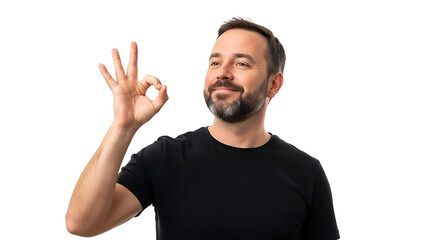 Bearded man in black shirt making okay hand gesture isolated on transparent background