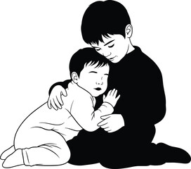 Comforting children silhouette illustration, emotional support and tenderness moment, sibling care concept vector, black and white graphic