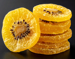 Dried golden kiwi fruit slices isolated on a black background