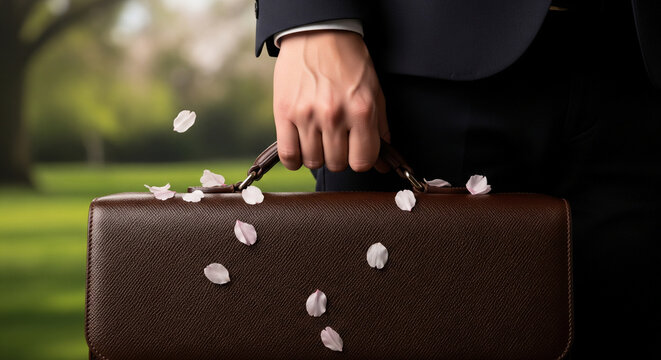 Businessman holding briefcase with falling cherry blossom petals in park for spring business - Powered by Adobe