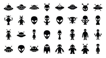 Collection of black and white alien and ufo icon set vector © Shela