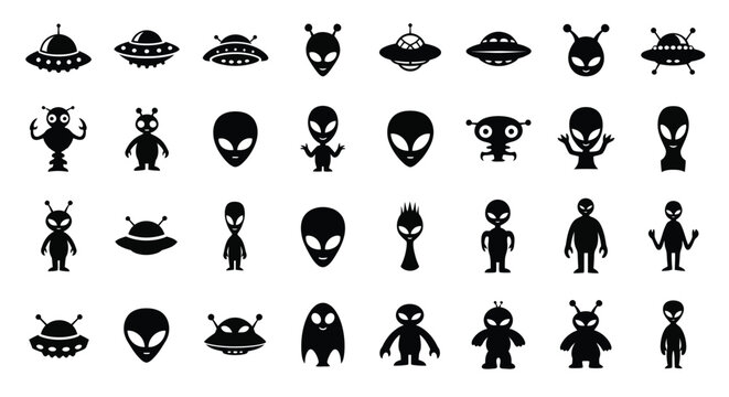 Collection of black and white alien and ufo icon set vector