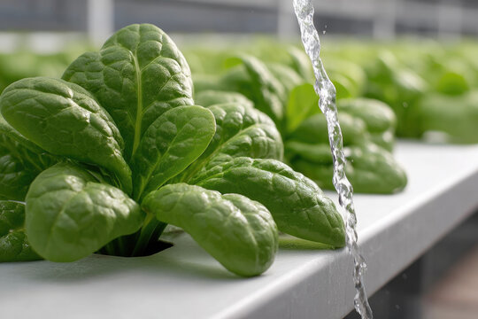 Close up of spinach plant growing in hydroponic system with fresh green leaves and water stream in greenhouse environment
