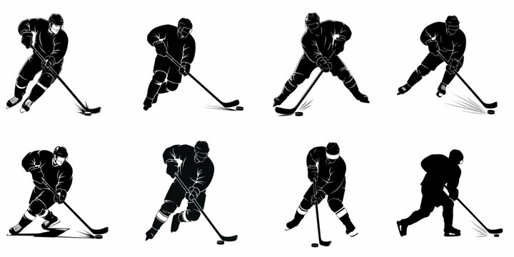 Eight black and white vector silhouettes of ice hockey players in action, demonstrating skating, shooting, and stickhandling skills on the rink.