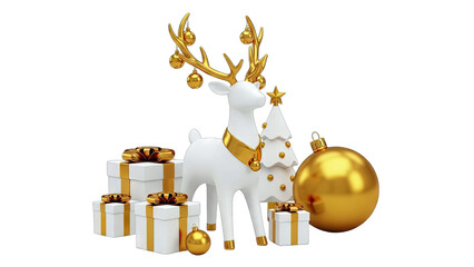Christmas Reindeer, Gifts, and Ornaments on White