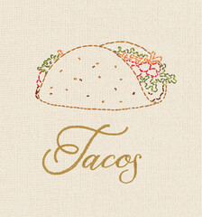 Tacos illustration with inscription in embroidery style drawing with multi colored threads on beige background