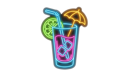 Neon sign of a colorful tropical cocktail drink isolated on transparent background