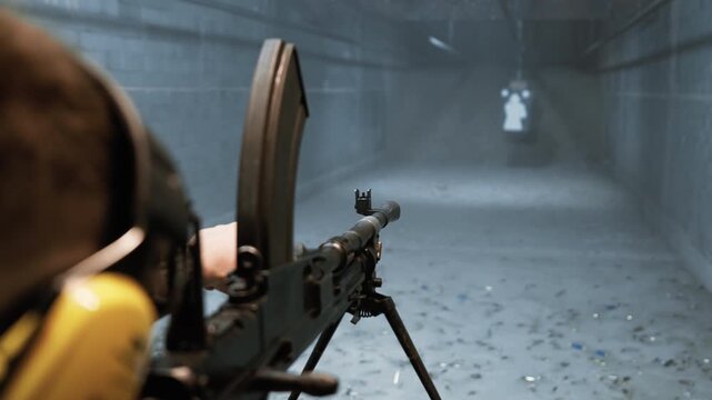 A person firing a Bren LMG at a shooting range. Focused on aiming, handling, and recoil, highlighting classic firearm operation in a controlled environment.