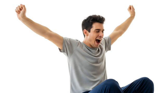 Young man celebrating success with arms raised isolated on transparent background - Powered by Adobe