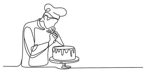 Minimalist one line drawing of a pastry chef in a uniform with a chef's hat, meticulously piping frosting onto a round celebration cake. Vector, illustration