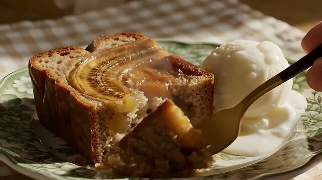 Fork cutting moist banana bread slice with vanilla ice cream on floral plate