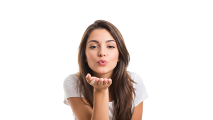 Young woman blowing a kiss to the camera isolated on transparent background