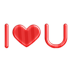 Glossy Red I Love You Text Icon with Heart 3D Effect - Candy Cane Striped Jelly Phrase Symbol for Valentine Web UI
