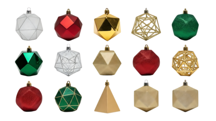 Collection of assorted geometric christmas tree ornaments isolated on transparent background