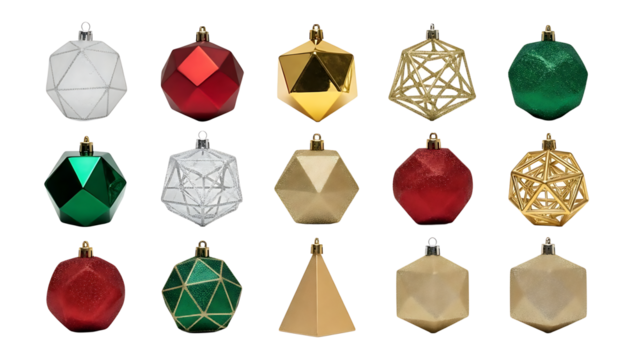 Collection of assorted geometric christmas tree ornaments isolated on transparent background - Powered by Adobe