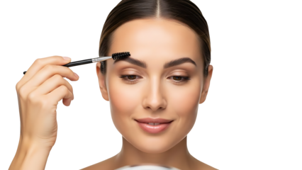 Woman applying makeup to her eyebrow with a spoolie brush isolated on transparent background