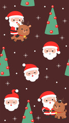 Cute Christmas Seamless Pattern with Santa Faces and Reindeer With Snow and Decorative Trees on Dark Brown Background