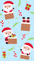 Cheerful Christmas Seamless Pattern with Santa Climbing Chimneys Candy Canes Gift Boxes and Pine Branches on Light Blue Background