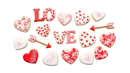 Assortment of heart shaped valentine sugar cookies spelling love isolated on transparent background