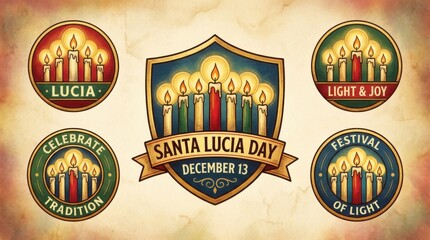 vibrant badge and emblem set template for santa lucia day illustration template featuring row of candles with simple halo shapes on light neutral background with soft vignette