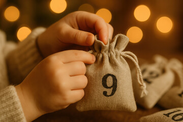 Child’s hands holding a small linen advent calendar bag with number 9, warm festive bokeh lights in background, cozy Christmas atmosphere, soft tones and simple holiday detail