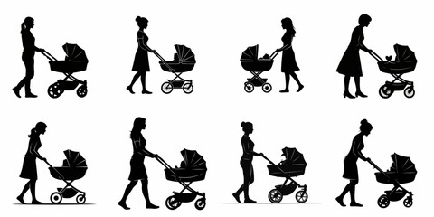 Eight black silhouettes of mothers walking and pushing baby prams, illustrating different styles of strollers and maternity figures.