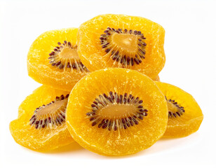 Dried golden kiwi fruit slices isolated on a white background
