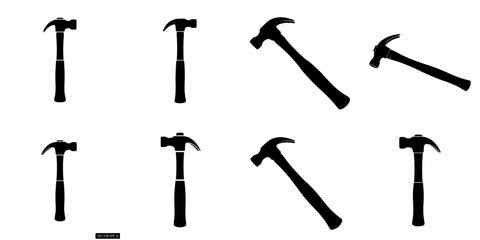 Set of eight claw hammer silhouettes. Black and white vector icons for carpentry, repair, construction, and handyman tools.