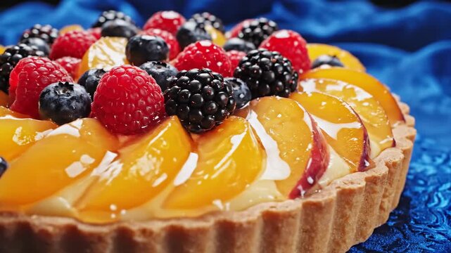 Delicious Fruit Tart with Fresh Berries and Peaches - A Sweet Treat.