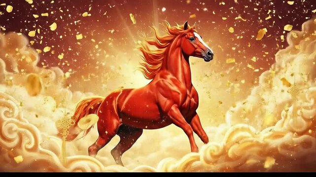 epic red stallion galloping through golden clouds amid glowing coins and confetti