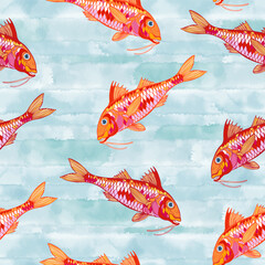 Red mullet. Stylish art seamless pattern with bright sea fish on blue watercolor. Vector. Perfect for design templates, wallpaper, wrapping, fabric, print and textile. 