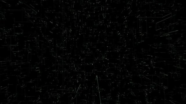Futuristic digital space filled with glowing lines and geometric data structures on a black background. Perfect for tech intros, cybersecurity themes, virtual networks, coding visuals, and sci-fi anim