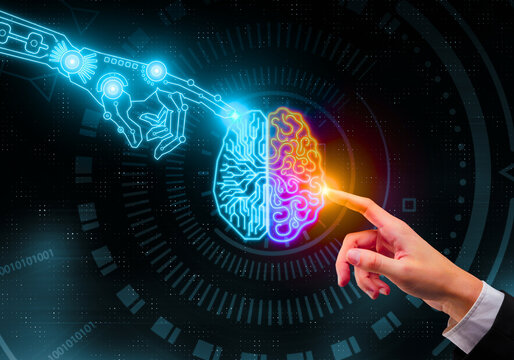 Human and robotic hand touching brain. Human hand and robot hand painted human brain - Powered by Adobe