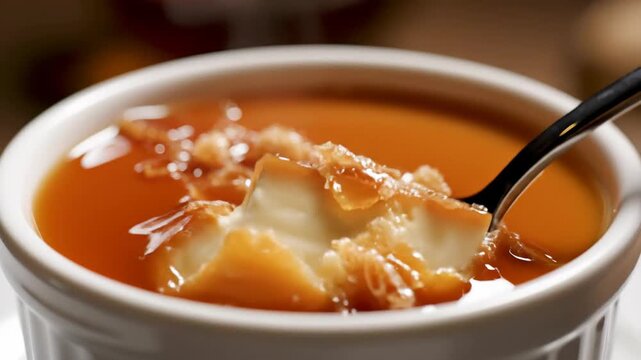 Close up of a delicious cr&egrave;me br&ucirc;l&eacute;e dessert being scooped with a spoon in a white ramekin showcasing its creamy texture and caramelized sugar topping in warm inviting light