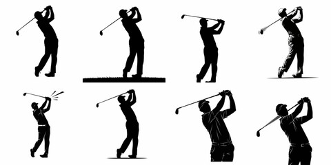 Eight Golf Player Silhouettes Set: Dynamic Vector Collection of Golfers in Full Swing Action, Isolated on White Background for Sports Design.